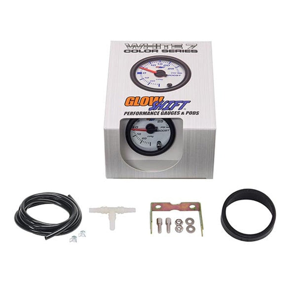GlowShift White 7 Color 30 PSI Turbo Boost/Vacuum Gauge Kit - Includes Mechanical Hose, T-Fitting & Wiring - Multi-Color Display - White Dial - Clear GlowShift White 7 Color 30 PSI Turbo Boost/Vacuum Gauge Kit - Includes Mechanical Hose, T-Fitting & Wiring - Multi-Color Display - White Dial - Clear