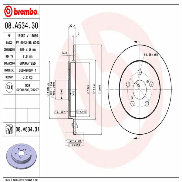 Brembo 08.A534.31 Rotor de freno trasero sólido