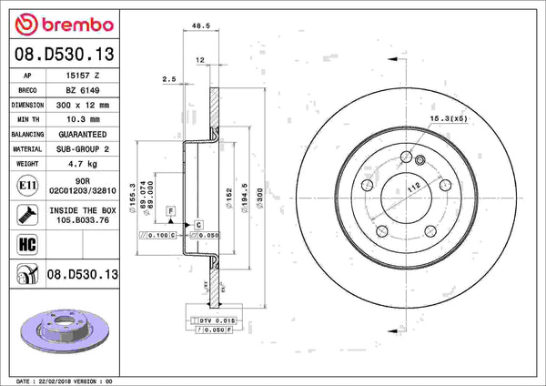 Brembo OE 17-18 Mercedes C300 Rear Prem Equivalent Rotor | 08-D530-13 ...