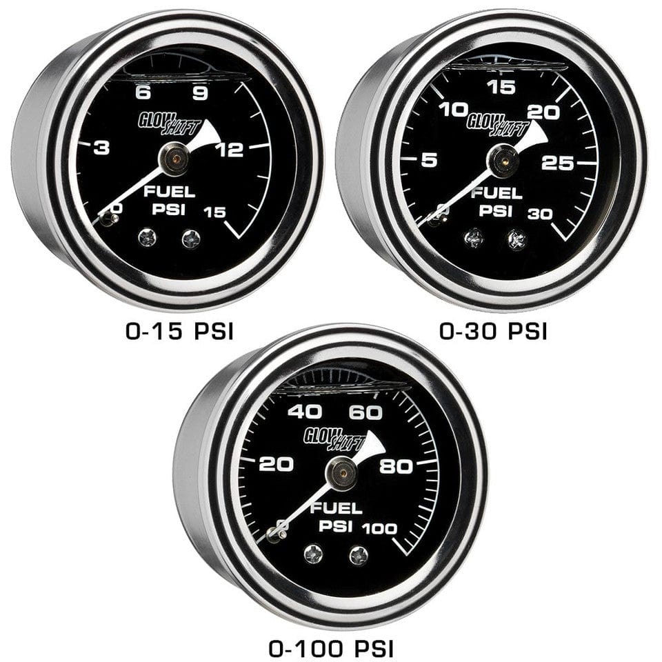 GlowShift Gauges Liquid Filled Black Mechanical 100 PSI Fuel Pressure