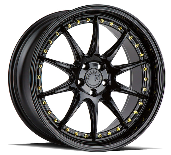 Aodhan 18x8.5 et35 / 5x100 / cb73.1 Aodhan DS07  18" 5x100 Gloss Black w/ Gold Rivets DS71885510035GB