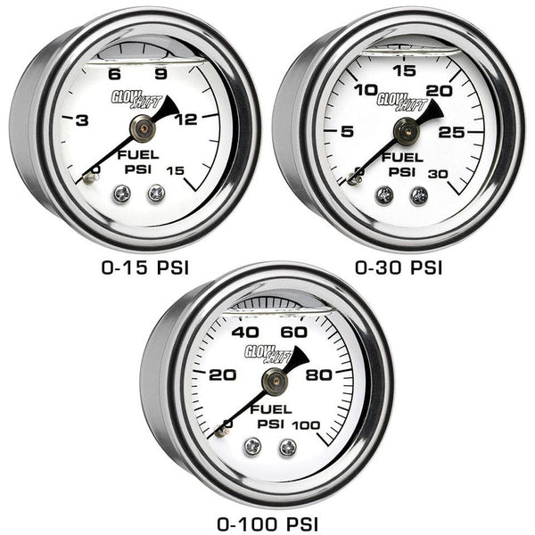 GlowShift Gauges GlowShift Gauges Liquid Filled White Mechanical 30 PSI Fuel Pressure Gauge GS-MSW-FP-30